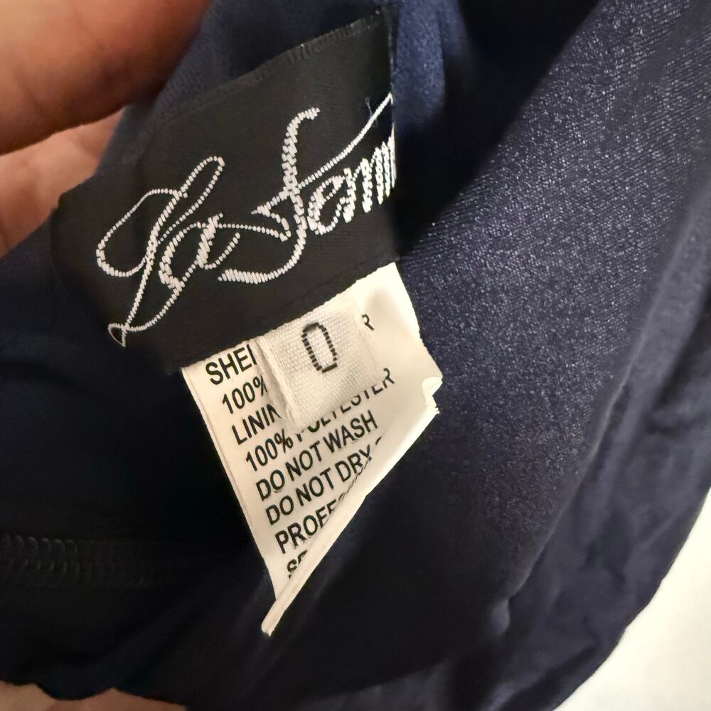 La Femme Navy Ruched Jersey V-Neck Slit Formal Gown Dress Tie Up Back Size 0 - Picture 9 of 9